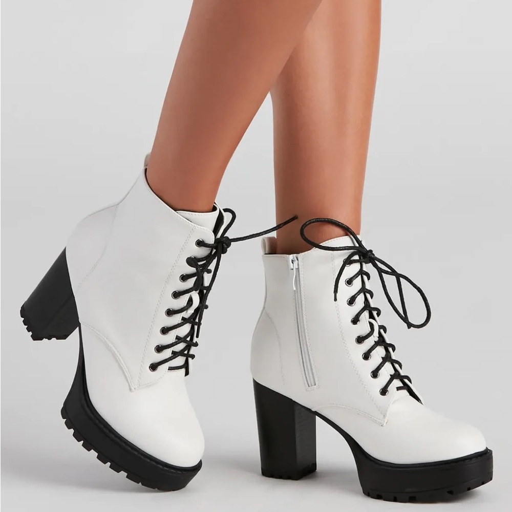 Windsor White Lace-Up Block Heel Booties